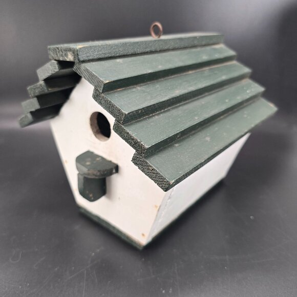 Vintage Rustic Green & White Wooden Birdhouse With Slanted Roof Folk Art CM2035 - Picture 7 of 10